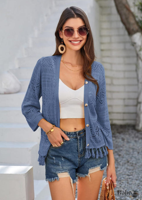 2024 Style Hollow Out Crochet Knit with Tassels Navy Blue Boho Cardigan